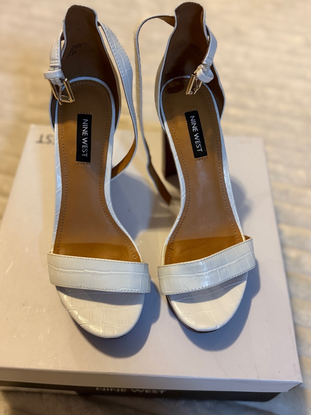 Nine West White Croc-Embossed Slingback Heels